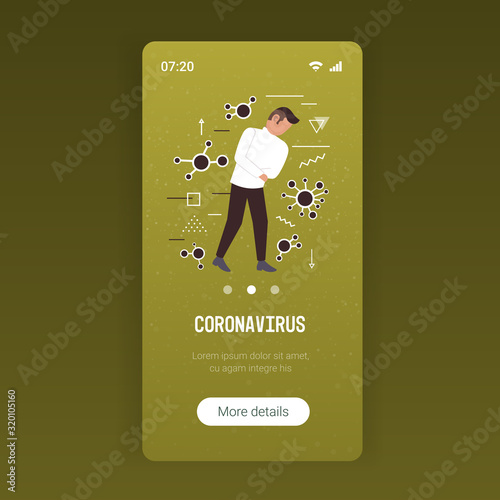man feeling sickness epidemic MERS-CoV bacteria floating influenza virus cells wuhan coronavirus 2019-nCoV pandemic medical health risk full length mobile app copy space vector illustration