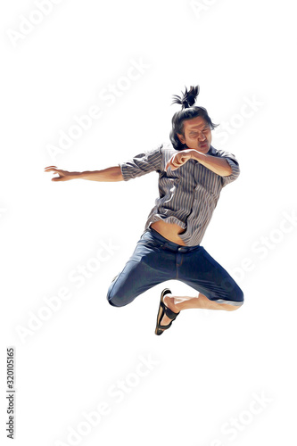 Asian Thai middle aged man black long hair and bun jumping on white background with funny face and action. ILLUSTRATION brush stroke oil painting watercolor drawing Portrait adult male copy space.
