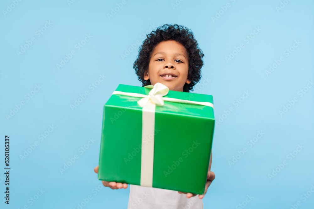 Take this present! Happy generous good-natured little boy with curly hair giving gift box and looking at camera with toothy smile, holiday charity. indoor studio shot isolated on blue background Take this present! Happy generous good-natured little boy with curly hair giving gift box and looking at camera with toothy smile, holiday charity. indoor studio shot isolated on blue background