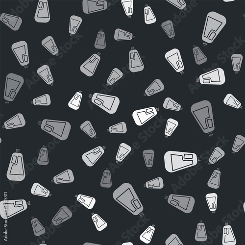 Grey Plastic bottle for liquid laundry detergent, bleach, dishwashing liquid icon isolated seamless pattern on black background. Vector Illustration