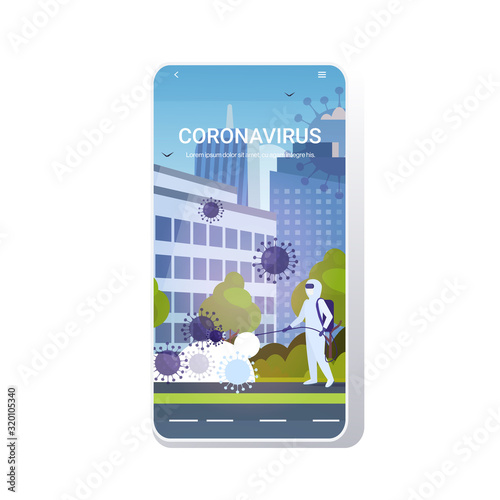 scientist in hazmat suit cleaning disinfecting coronavirus cells epidemic MERS-CoV virus wuhan 2019-nCoV pandemic health risk cityscape background mobile app copy space vector illustration