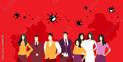 people group in protective masks epidemic MERS-CoV coronavirus flu spreading floating influenza concept wuhan 2019-nCoV pandemic medical health risk china map background portrait horizontal vector