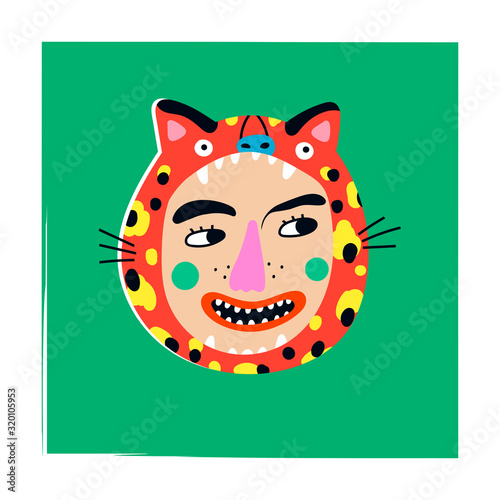 Funny girl in red leopard hood or cape. Hand drawn trendy vector illustration. Comic, cartoon quirky style. Trendy design. Bright colors. Funny character. Modern Tattoo idea. Sticker style