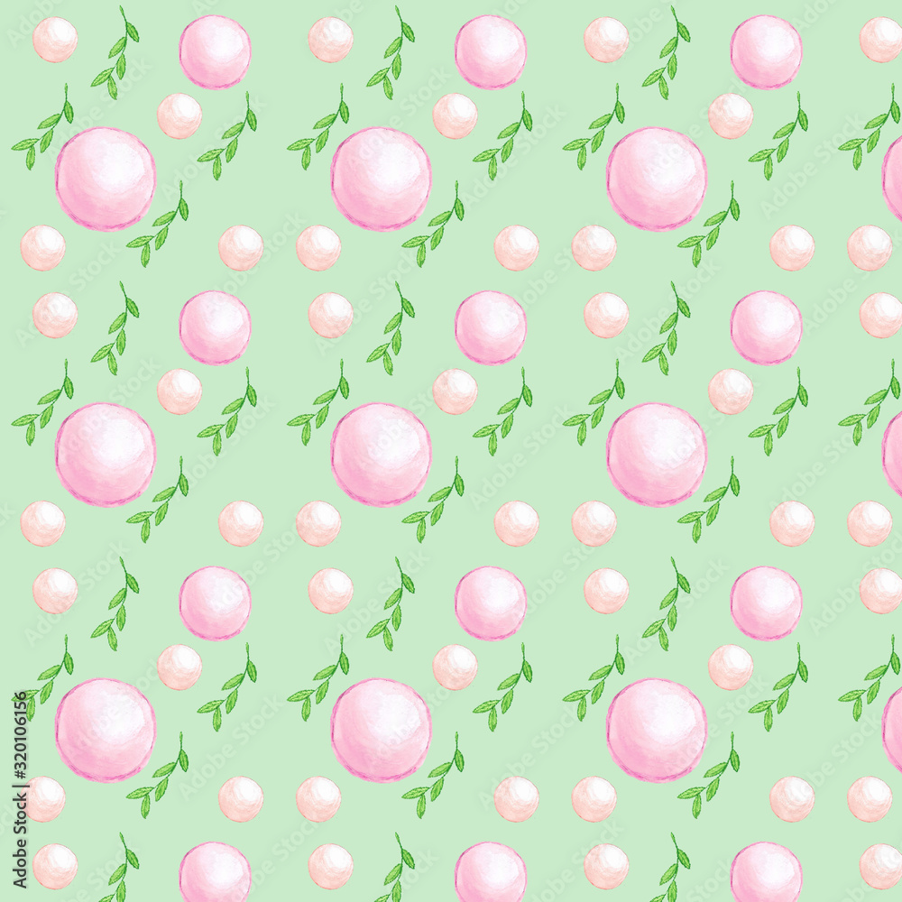 a pattern of balls of leaves and pearls on a green background that can be used as a print for fabric or wrapping paper