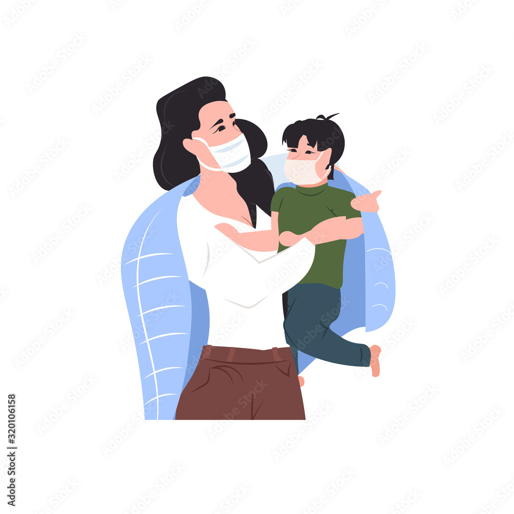 woman with child wearing masks to prevent epidemic MERS-CoV wuhan coronavirus 2019-nCoV pandemic medical health risk portrait vector illustration