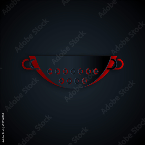 Paper cut Kitchen colander icon isolated on black background. Cooking utensil. Cutlery sign. Paper art style. Vector Illustration