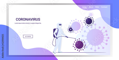scientist in hazmat suit cleaning and disinfecting coronavirus cells epidemic MERS-CoV virus concept wuhan 2019-nCoV pandemic health risk full length horizontal copy space vector illustration