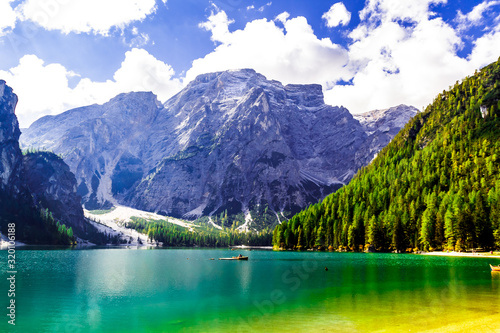 Lake Braies  also known as Pragser Wildsee or Lago di Braies  in Dolomites Mountains  Sudtirol  Italy. Romantic place with typical.