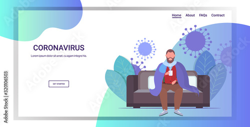 man feeling sickness epidemic MERS-CoV bacteria floating influenza virus cells wuhan coronavirus quarantine 2019-nCoV living room interior full length horizontal copy space vector illustration