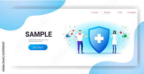 epidemic MERS-CoV virus protection concept couple holding shield with cross wuhan coronavirus 2019-nCoV pandemic medical health risk full length copy space horizontal vector illustration
