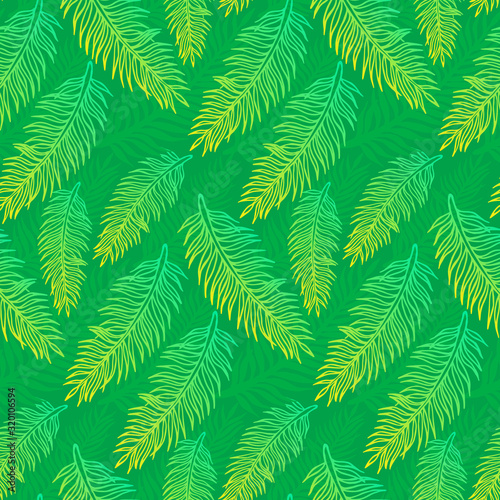 Hand drawn abstract seamless pattern with green palm branch. Exotic tropical leaves isolated on a green background. Cute template for cards, fabric, wrapping paper. Vector illustration