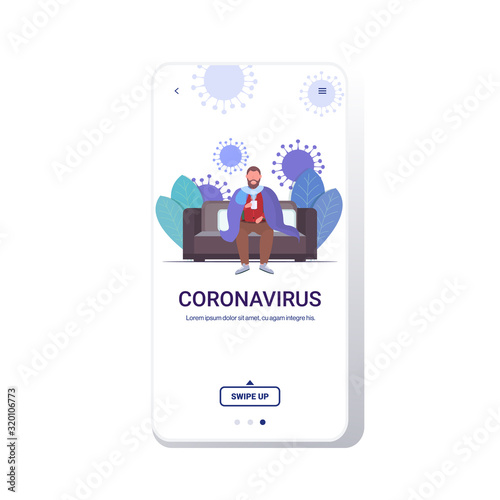 man feeling sickness epidemic MERS-CoV bacteria floating influenza virus cells wuhan coronavirus quarantine 2019-nCoV full length mobile app copy space vector illustration