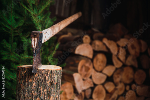 Ax on a wooden throne ready to cut firewood, background cut firewood and pine tree
