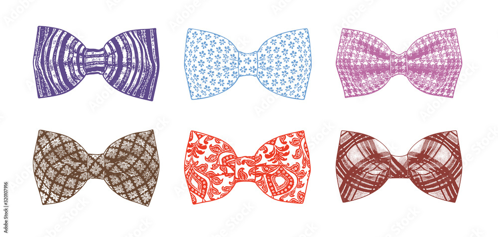 Color set of different bow ties isolated on a white background. Suitable for printing on T-shirts and the like. Color set of different bow ties isolated on a white background. Suitable for printing on T-shirts and the like.
