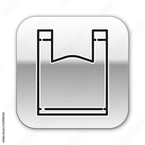 Black line Plastic bag icon isolated on white background. Disposable cellophane and polythene package prohibition sign. Silver square button. Vector Illustration