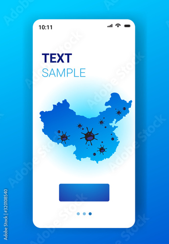 epidemic MERS-CoV bacteria icon floating influenza virus cells wuhan coronavirus 2019-nCoV pandemic medical health risk chinese map smartphone screen mobile app vertical copy space vector illustration