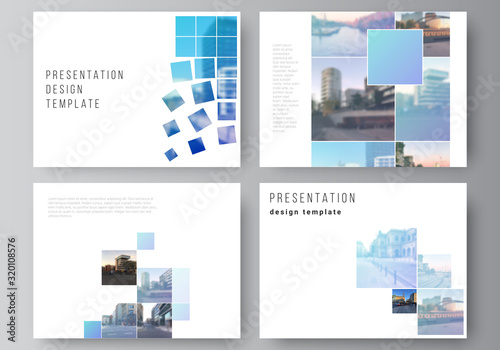 Vector layout of the presentation slides design business templates, multipurpose template for presentation brochure, brochure cover. Abstract design project in geometric style with blue squares.