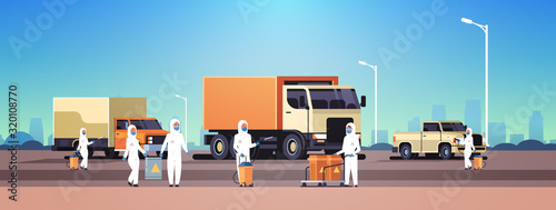 specialists in hazmat suits cleaning disinfecting coronavirus cells epidemic MERS-CoV concept wuhan 2019-nCoV pandemic health risk cityscape background full length horizontal vector illustration