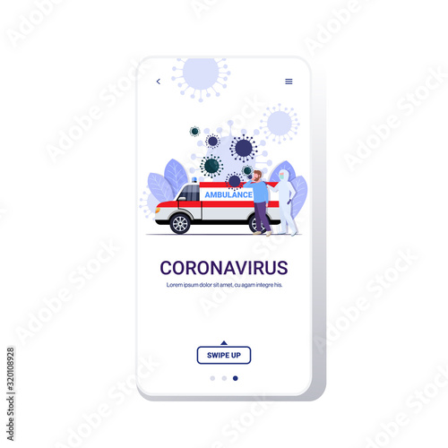 man in hazmat suit moving infected patient into ambulance car coronavirus cells epidemic MERS-CoV virus concept wuhan 2019-nCoV pandemic health risk full length copy space mobile app vector