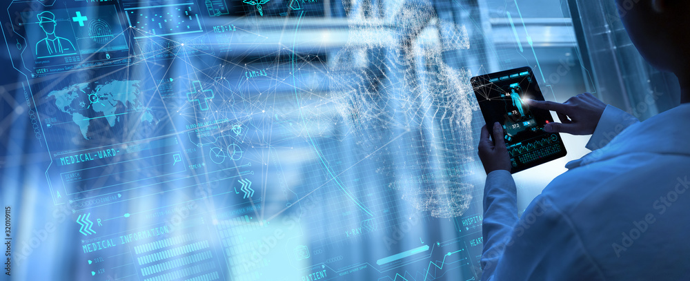 © greenbutterfly - Medical technology diagnostics of heart concept.Medicine doctor and stethoscope working with Ui heart and diagnostics analysis medical treatment.