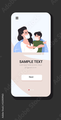 woman with child wearing masks to prevent epidemic MERS-CoV wuhan coronavirus 2019-nCoV pandemic medical health risk smartphone screen mobile app copy space portrait vector illustration