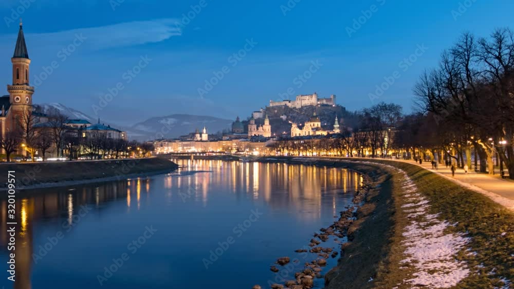 Day to night hyper lapse of Salzburg old town, Hohensalzburg Fortress, Salzburg Christuskirche and Salzach riverside, Austria. Day to night hyper lapse of Salzburg old town, Hohensalzburg Fortress, Salzburg Christuskirche and Salzach riverside, Austria.