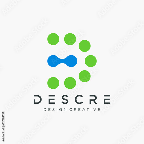 Abstract letter D logo with dot concept. Universal colorful biotechnology molecule atom DNA chip symbol. This logo is suitable for research, science, medical, logotype, technology, lab, molecule.