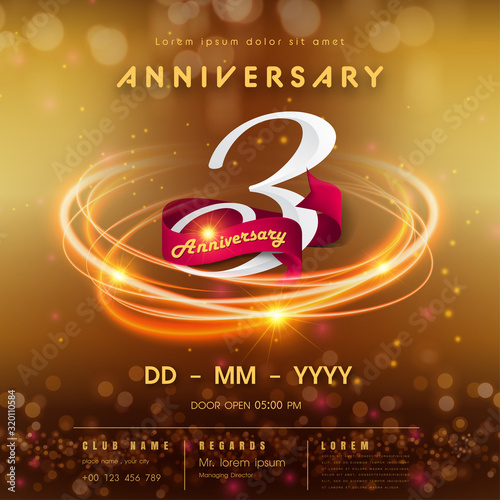 3 years anniversary logo template on golden Abstract futuristic space background. 3rd modern technology design celebrating numbers with Hi-tech network digital technology concept design elements.
