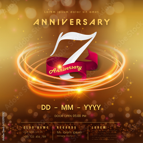 7 years anniversary logo template on golden Abstract futuristic space background. 7th modern technology design celebrating numbers with Hi-tech network digital technology concept design elements.