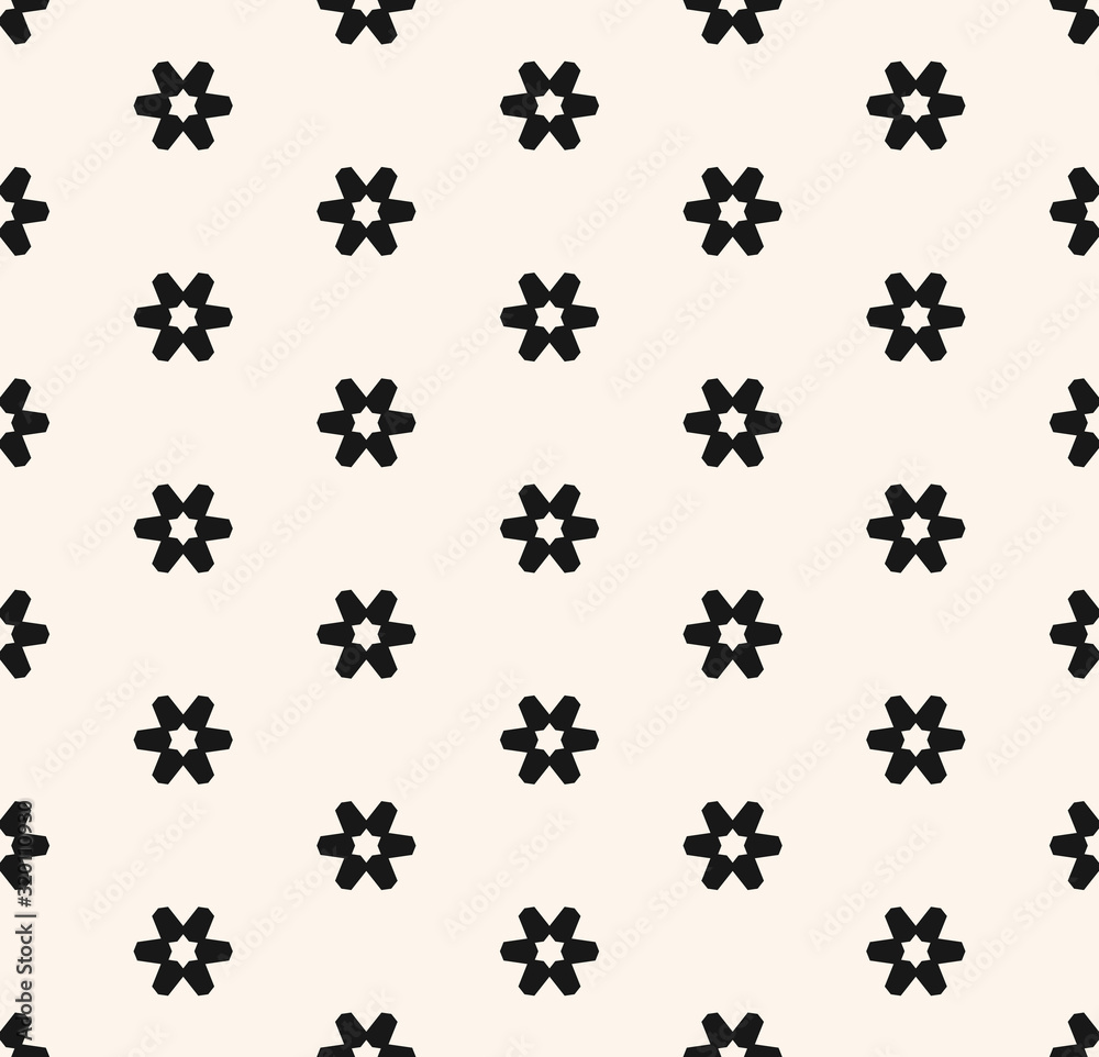 Subtle minimal vector seamless pattern with small geometric flowers, snowflakes, stars. Abstract black and white floral texture. Simple monochrome background. Repeat design for decor, fabric, prints