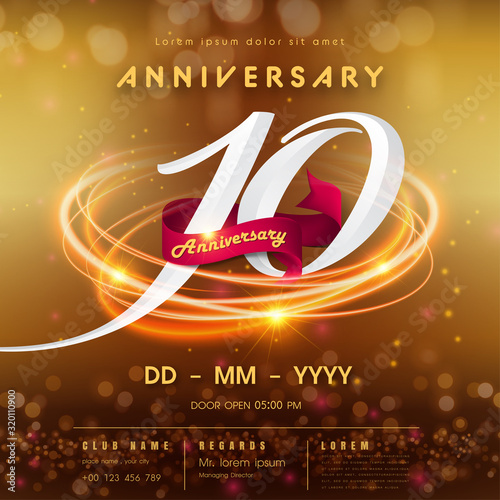 10 years anniversary logo template on golden Abstract futuristic space background. 10th modern technology design celebrating numbers with Hi-tech network digital technology concept design elements.