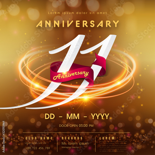 11 years anniversary logo template on golden Abstract futuristic space background. 11th modern technology design celebrating numbers with Hi-tech network digital technology concept design elements.