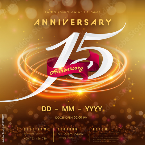 15 years anniversary logo template on golden Abstract futuristic space background. 15th modern technology design celebrating numbers with Hi-tech network digital technology concept design elements.