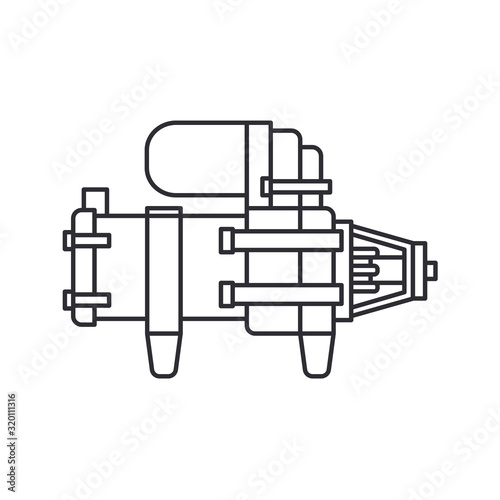 Line vector icon auto moto parts accessories electric starter. Repair service equipment. Engine elements shop catalog. Vintage vehicle symbol. Motorcycle mechanic. Transportation. Elements background.