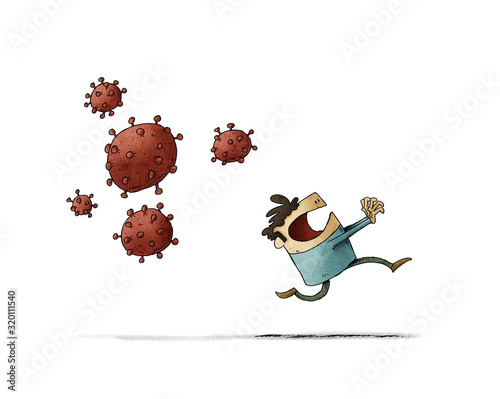 Scared man runs because behind come some very contagious viruses. isolated