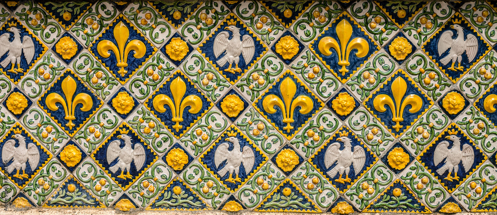 Traditional ceramic patterns on the tiles at Villa Tivoli nearby Rome, Italy Traditional ceramic patterns on the tiles at Villa Tivoli nearby Rome, Italy