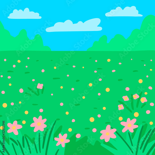 Green meadow with flowers, nature scene. Vector cartoon illustration