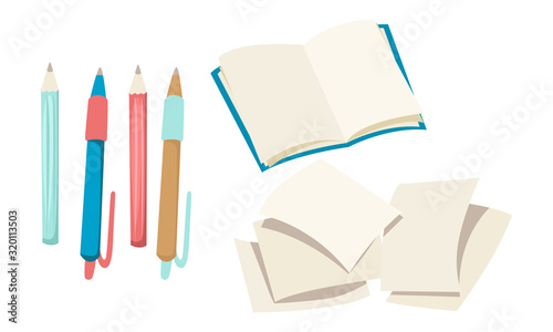 Stationery, open book, pencils and pens, blank pages. Vector illustration