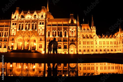 Silhouette of lovers Budapest Parliament at night Reflection