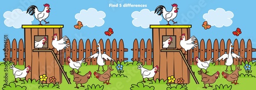 Henhouse and poultry in the backyard, board game for children, find five differences. Vector illustration, 