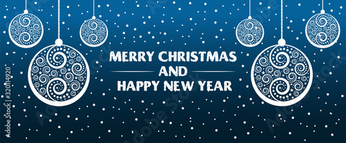 Christmas banner, poster. White xmas ball, snowflakes  and text Merry Christmas and happy New Year on blue background