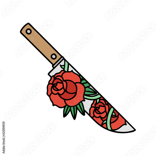traditional tattoo of a dagger and flowers
