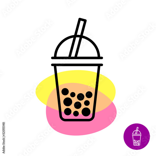 Bubble tea colorful logo. Milk tea cup symbol with tapioca pearl balls and straw. Adjustable stroke width.