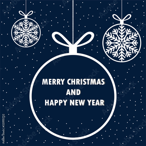 Christmas greeting card. Vector illustration with white round xmas ball and text on dark blue background