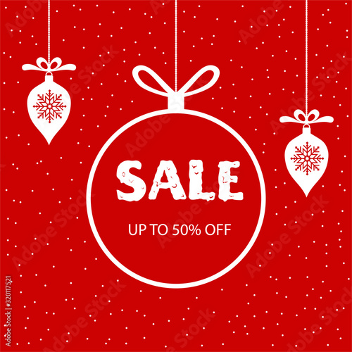  Christmas sale banner, poster. Vector illustration with xmas balls and snowflakes  on red background