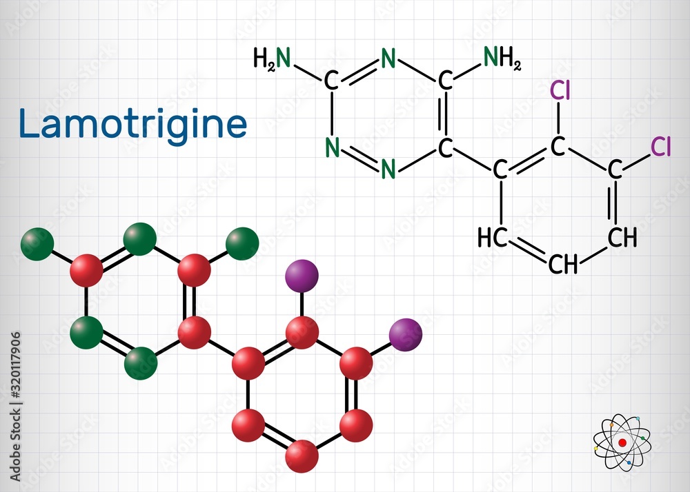 Lamotrigine molecule. It is used in the treatment of epilepsy and bipolar disorder. Structural chemical formula and molecule model. Sheet of paper in a cage. Vector illustration Lamotrigine molecule. It is used in the treatment of epilepsy and bipolar disorder. Structural chemical formula and molecule model. Sheet of paper in a cage. Vector illustration