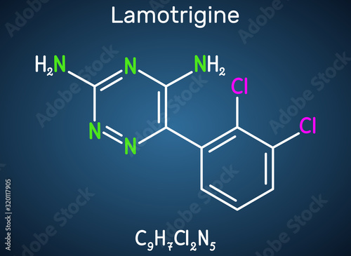 Lamotrigine molecule. It is used in the treatment of epilepsy and bipolar disorder. Structural chemical formula on the dark blue background