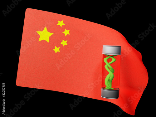 coronavirus virus in vitro on the background flag in China