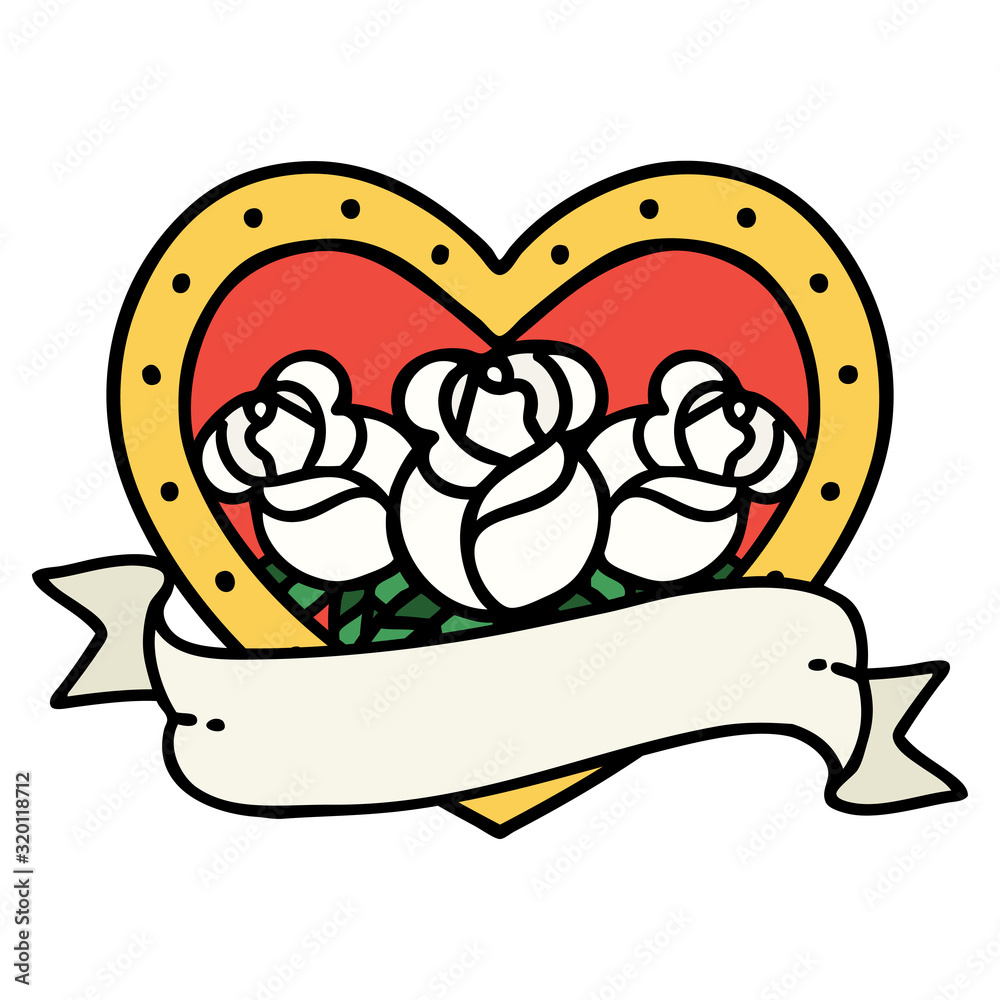 traditional tattoo of a heart and banner with flowers traditional tattoo of a heart and banner with flowers