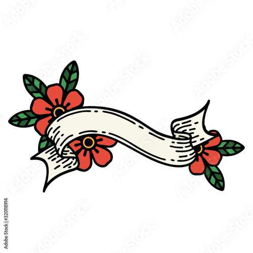 traditional tattoo of a banner and flowers